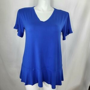 Doublju Blue Short Sleeve Tunic TOP Womens Size L Ruffle Hem V Neck Blouse NWT